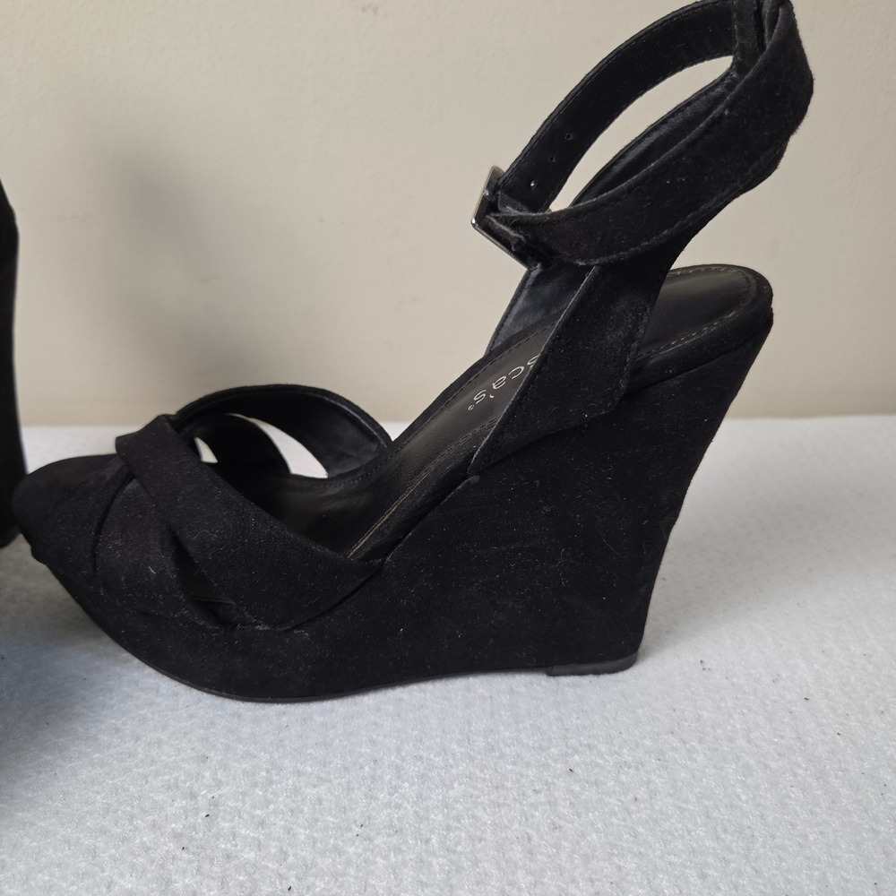 Francesca's Black Faux Suede Platform Wedge Sandals Ankle Strap Women's Size 8